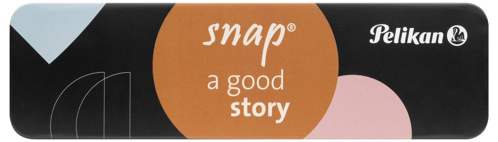 Pelikan Metallbox-Design mit 'snap a good story' Slogan auf buntem Hintergrund.