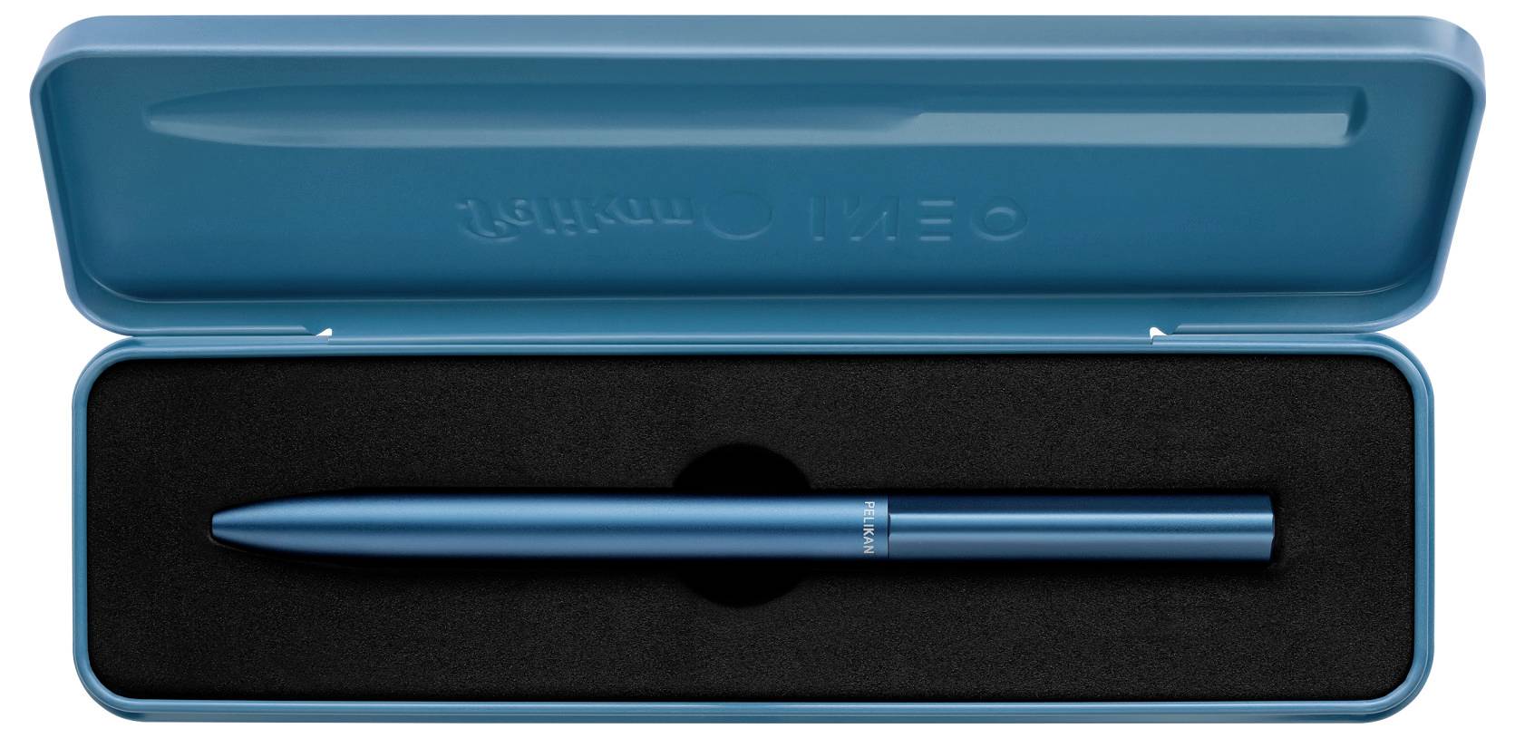 Blauer Kugelschreiber in einer passenden blauen Box mit schwarzem Samtfutter, liegt in einer Einkerbung. Ideal als Geschenk.