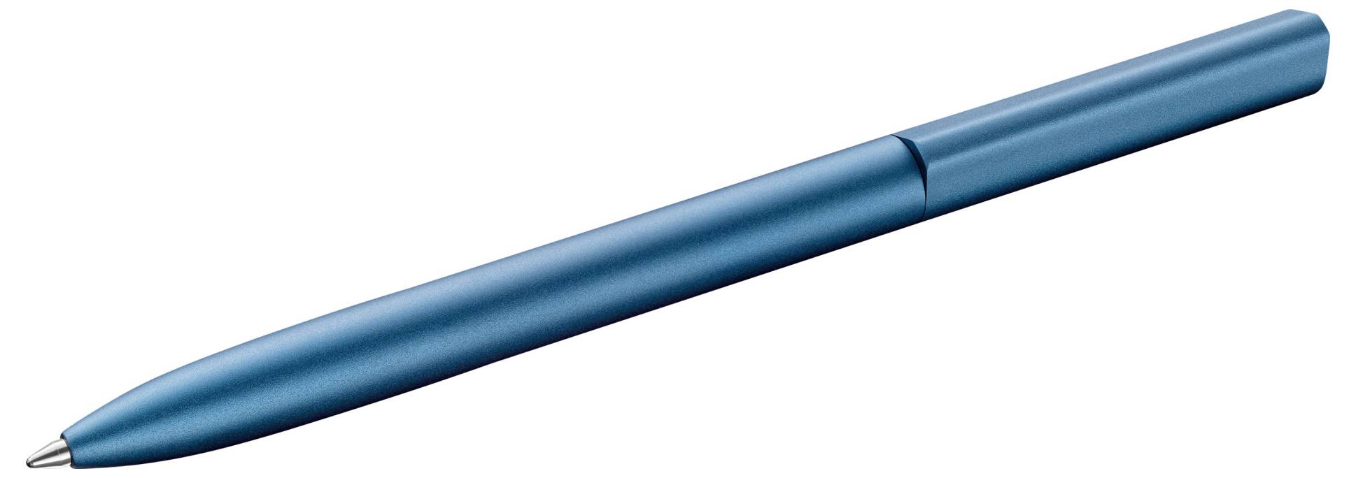 Ein blauer Kugelschreiber mit einem schlanken Design liegt schräg.