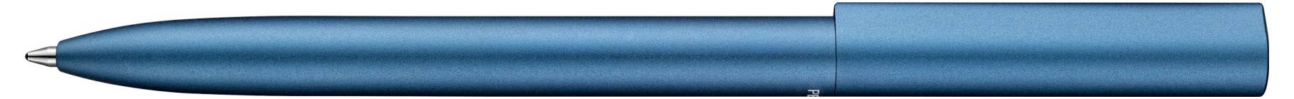 Ein blauer Kugelschreiber von der Seite, mit eingezogener Spitze und geschlossenem Deckel.