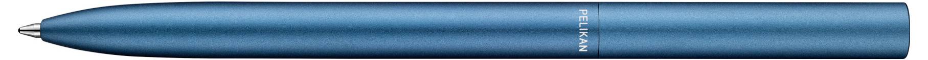 Ein blauer Kugelschreiber in Nahaufnahme, horizontal ausgerichtet.