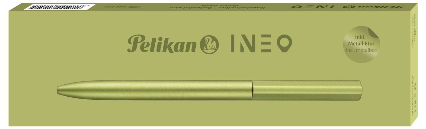 Grüne Verpackung mit einem goldenen Kugelschreiber und der Aufschrift 'Pelikan INEO'. Enthält den Hinweis 'inkl. Metall-Ball'.
