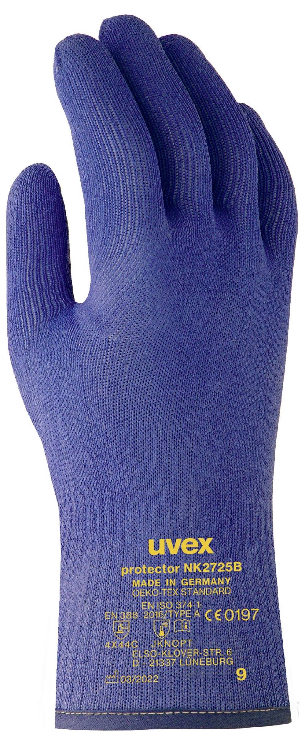 Blaue Arbeitsschutzhandschuhe aus Stoff mit UVEX-Logo und Modellnummer, geeignet für mechanischen Schutz in industriellen Umgebungen.