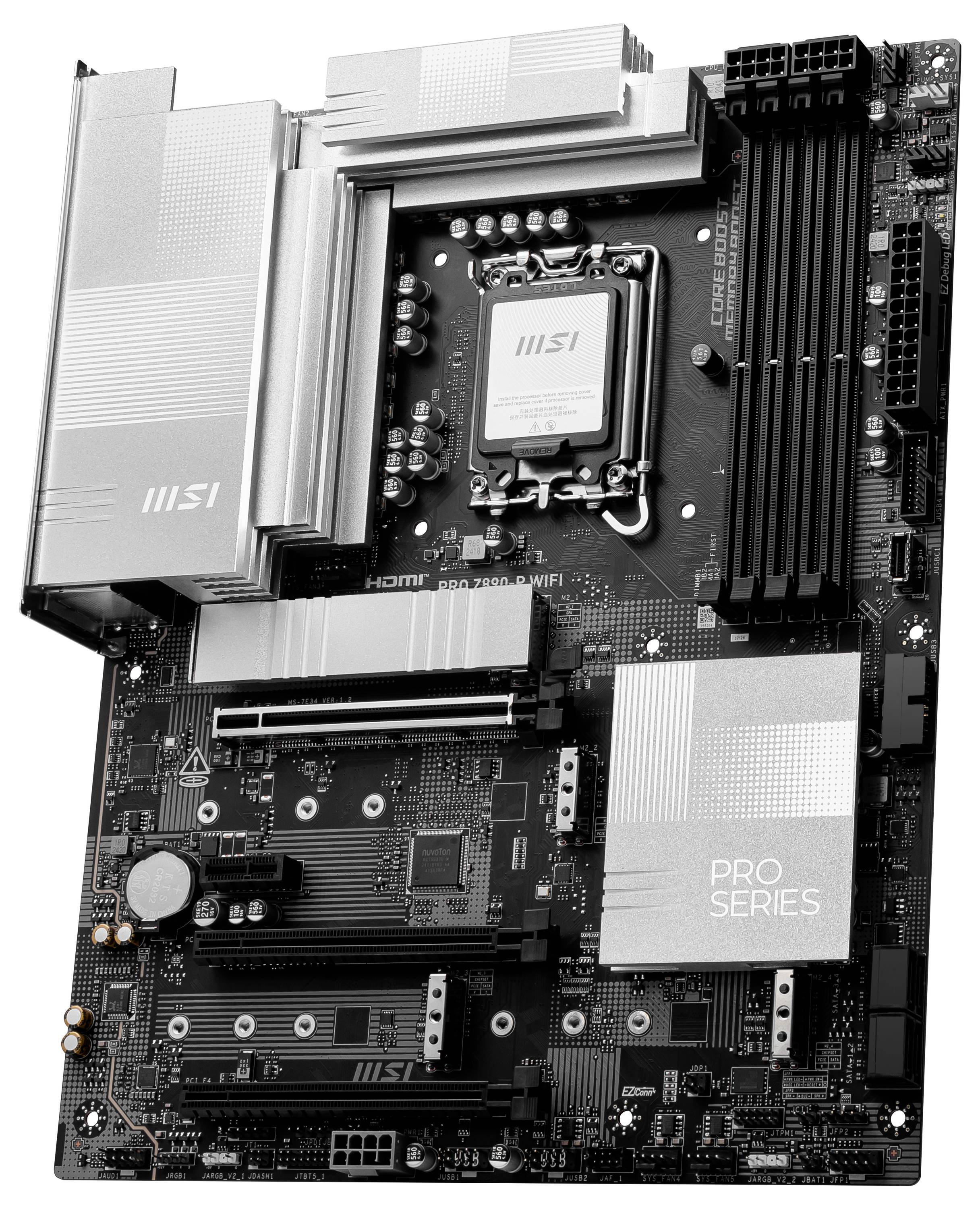 Ein MSI-Motherboard der PRO-Serie mit CPU-Sockel, RAM-Steckplätzen und Kühlkörpern. Geeignet für fortgeschrittene Computerbenutzer.