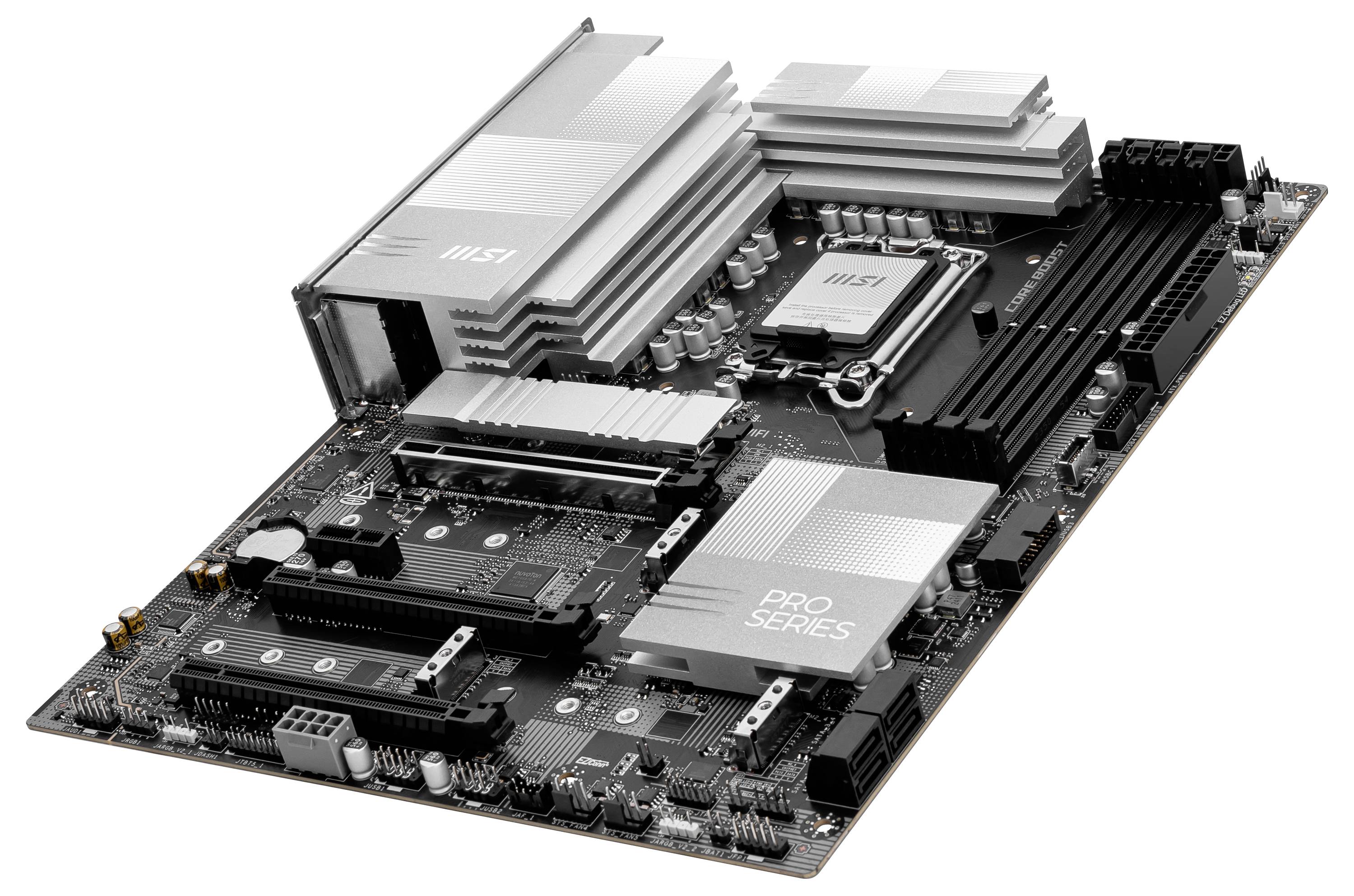 Eine schwarze Hauptplatine mit mehreren Steckplätzen und Kühlkörpern, beschriftet mit 'Pro Series', repräsentiert Computerausstattung.