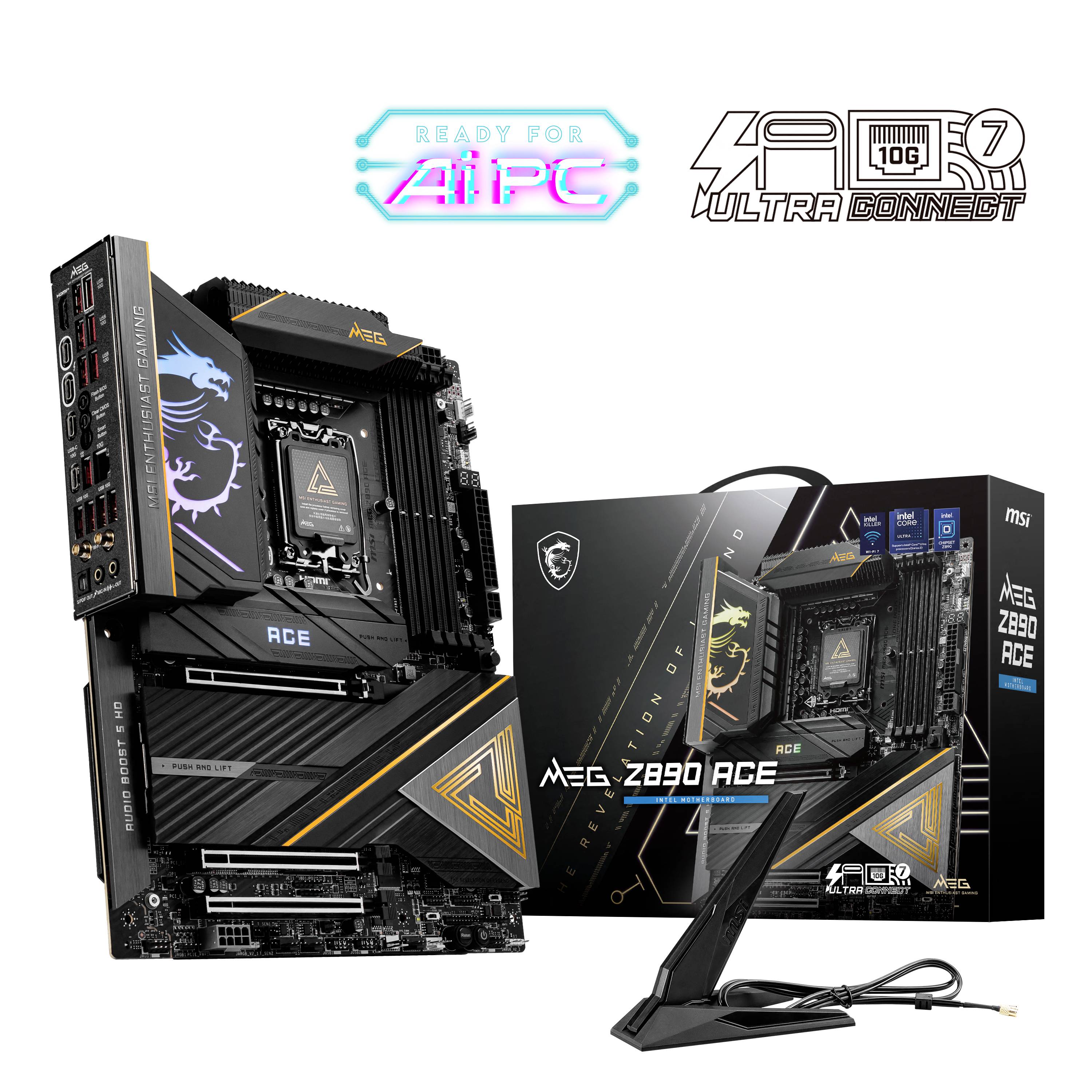 Motherboard MSI MEG Z690 ACE mit Verpackung, zeigt Anschlüsse und Design-Details. Text 'Ready for AI PC' und 'Ultra Connect' hervorgehoben.