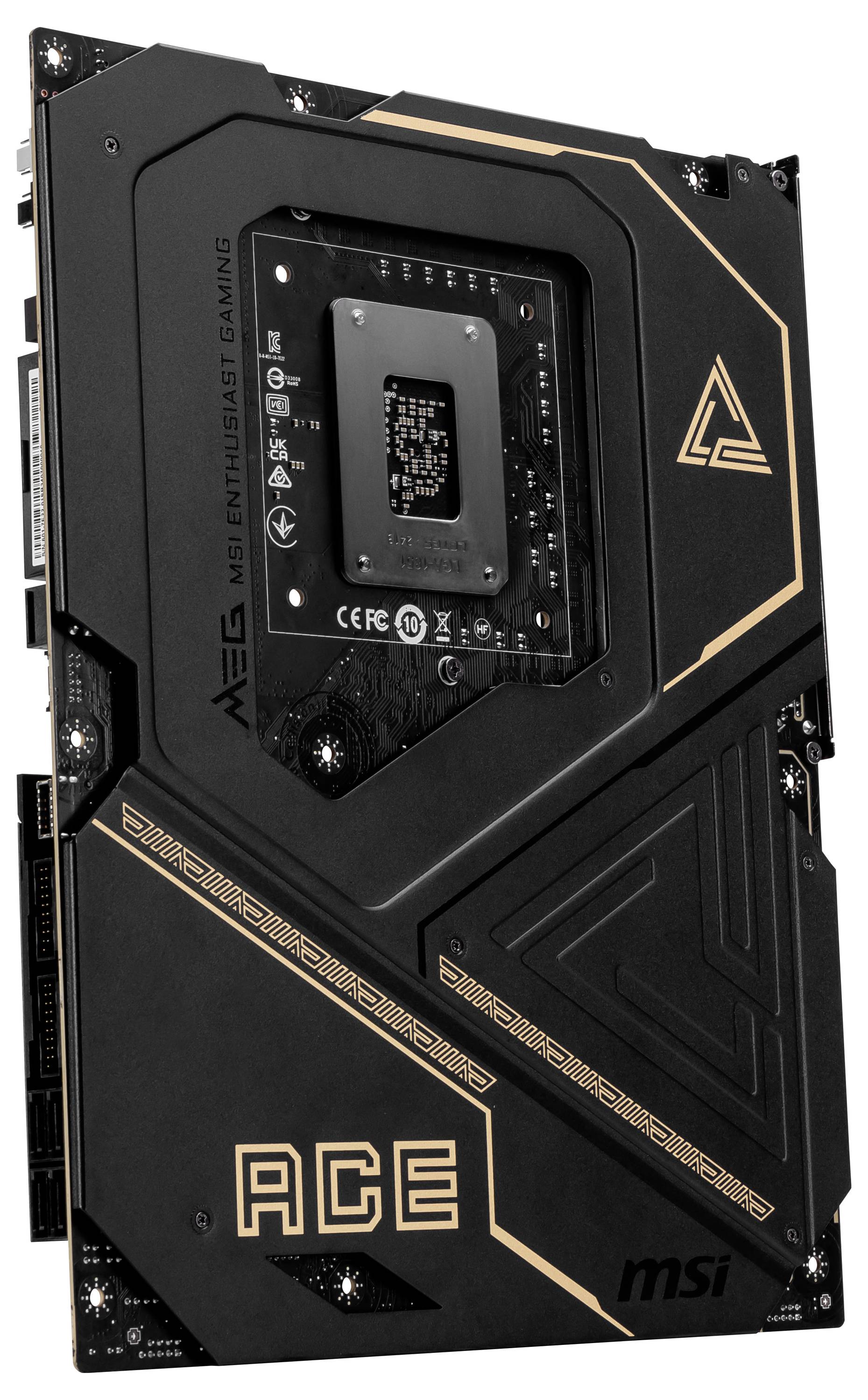 Hochwertiges Computer-Motherboard mit schwarzem Design und goldenen Akzenten. Beschriftungen mit technischem Detail und Markenlogo sichtbar.