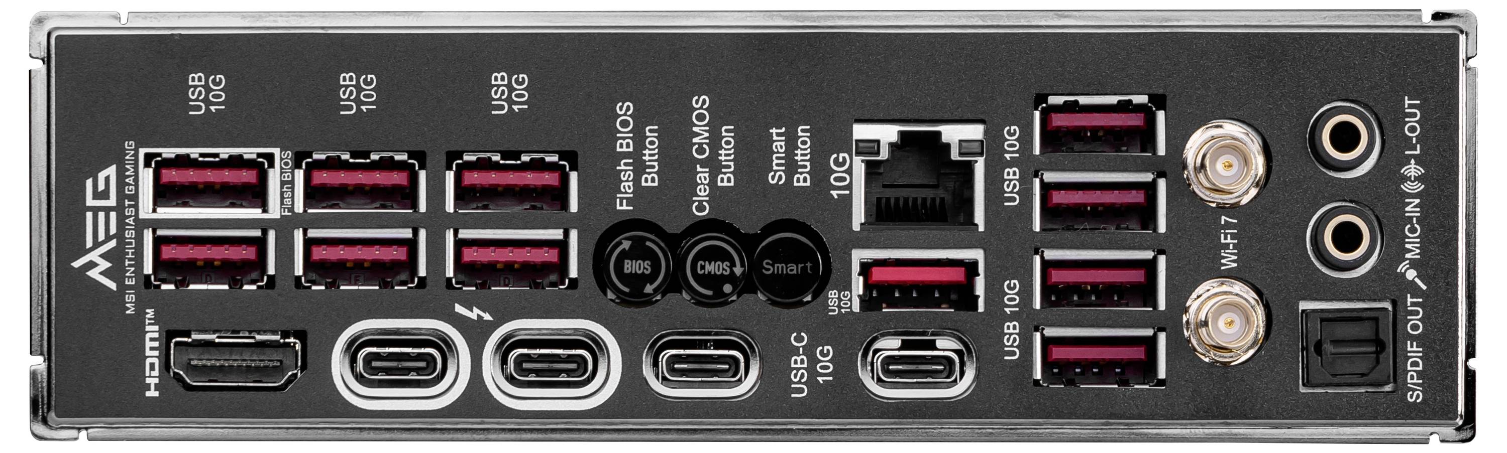 Rückseite eines PC-Motherboards mit verschiedenen Anschlüssen: USB, HDMI, Ethernet, Audioausgänge und Wi-Fi-Antennenanschlüsse.