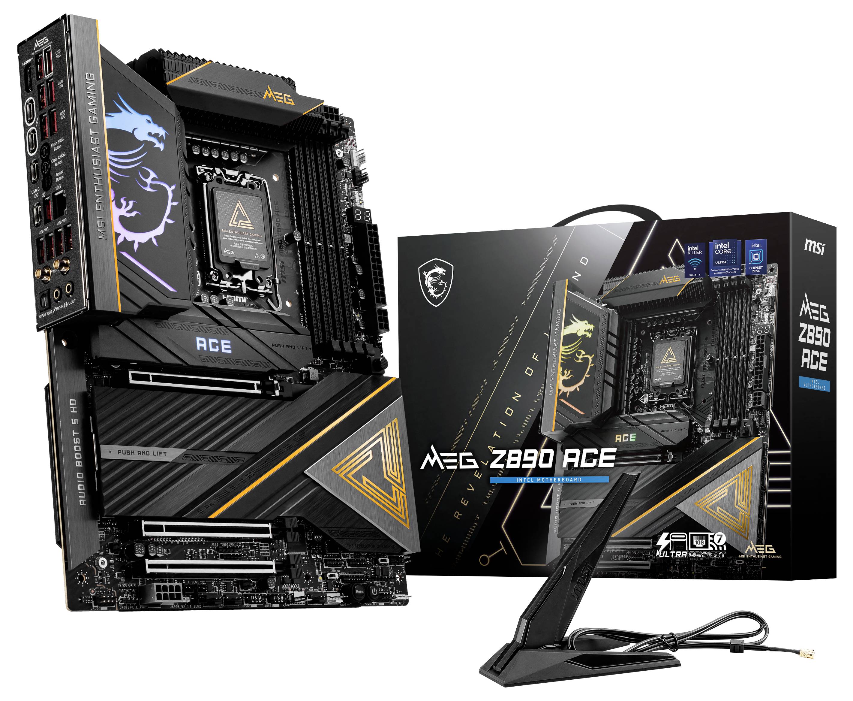 Abgebildet ist ein MSI-Mainboard MEG Z690 ACE mit Verpackung. Es zeigt mehrere Slots und Anschlüsse, geeignet für leistungsstarke PCs.