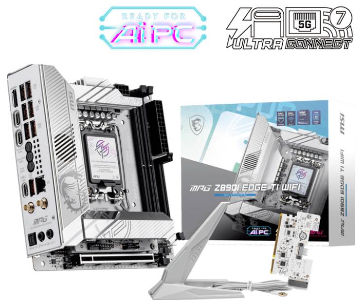 Hauptplatine MSI Z890 EDGE TI WIFI mit Ultra Connect 5G-Funktion und Zubehör, einschließlich Antennenkarte und Verpackung.