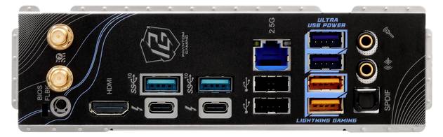 Rückseite eines Computer-Motherboards mit mehreren Anschlüssen, darunter HDMI, USB, Ethernet und Audioanschlüsse.