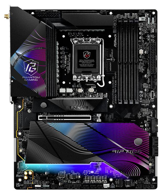 Eine buntschalige ATX-Mainboard zeigt mehrere Schaltkreise, RAM-Steckplätze und einen CPU-Sockel, geeignet für Computer-Hardwarebauten.