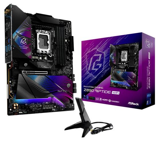Foto eines ASRock Z690 PG Riptide WiFi Mainboards. Links das Mainboard mit RGB-Beleuchtung, rechts die Verpackung und eine Antenne.