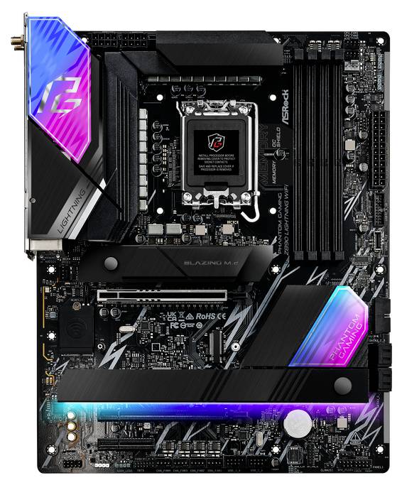 Ein schwarzes Computer-Motherboard mit leuchtenden RGB-LED-Elementen. Sockel und Speichersteckplätze sind sichtbar. Enthält Markennamen und Logos.