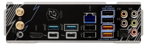 Rückseite eines Computer-Motherboards mit mehreren Anschlüssen: USB, HDMI, Ethernet, Audio und mehr. Beschriftungen für spezifizierte Ports sichtbar.