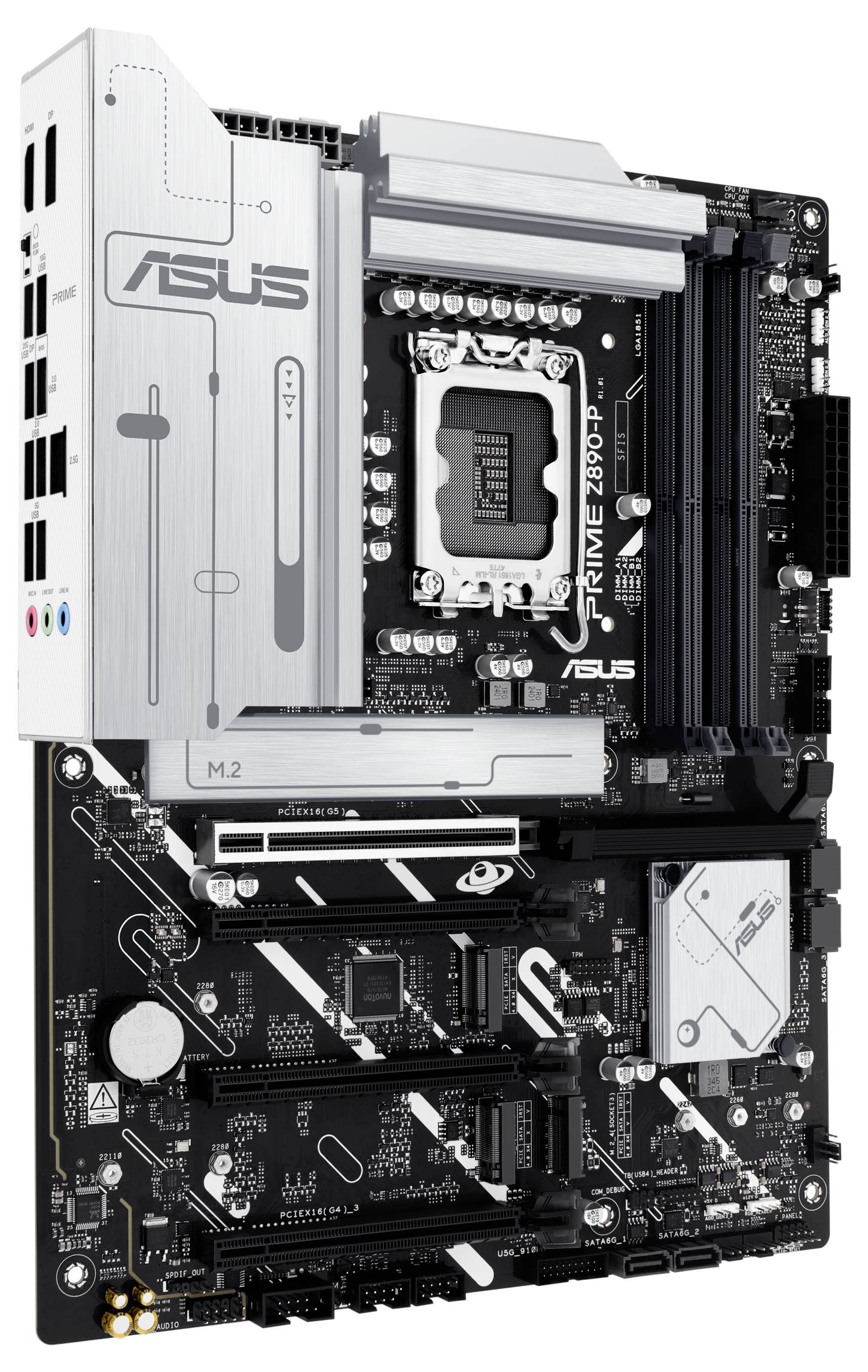 Ein ASUS-Mainboard, Modell Prime Z690-P, mit mehreren PCIe-Steckplätzen, RAM-Steckplätzen und einem CPU-Sockel, unterstützt Intel-Prozessoren.