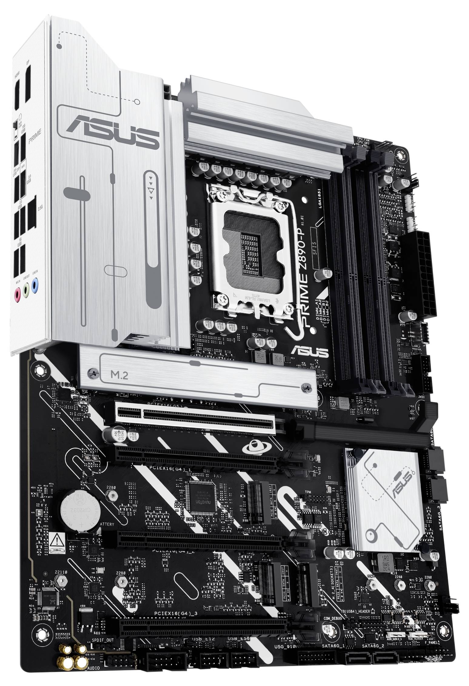 Mainboard mit Anschlüssen, Kühlung und PCI-Steckplätzen, Markenlogo sichtbar. Geeignet für Computeraufbau und technische Anwendungen.