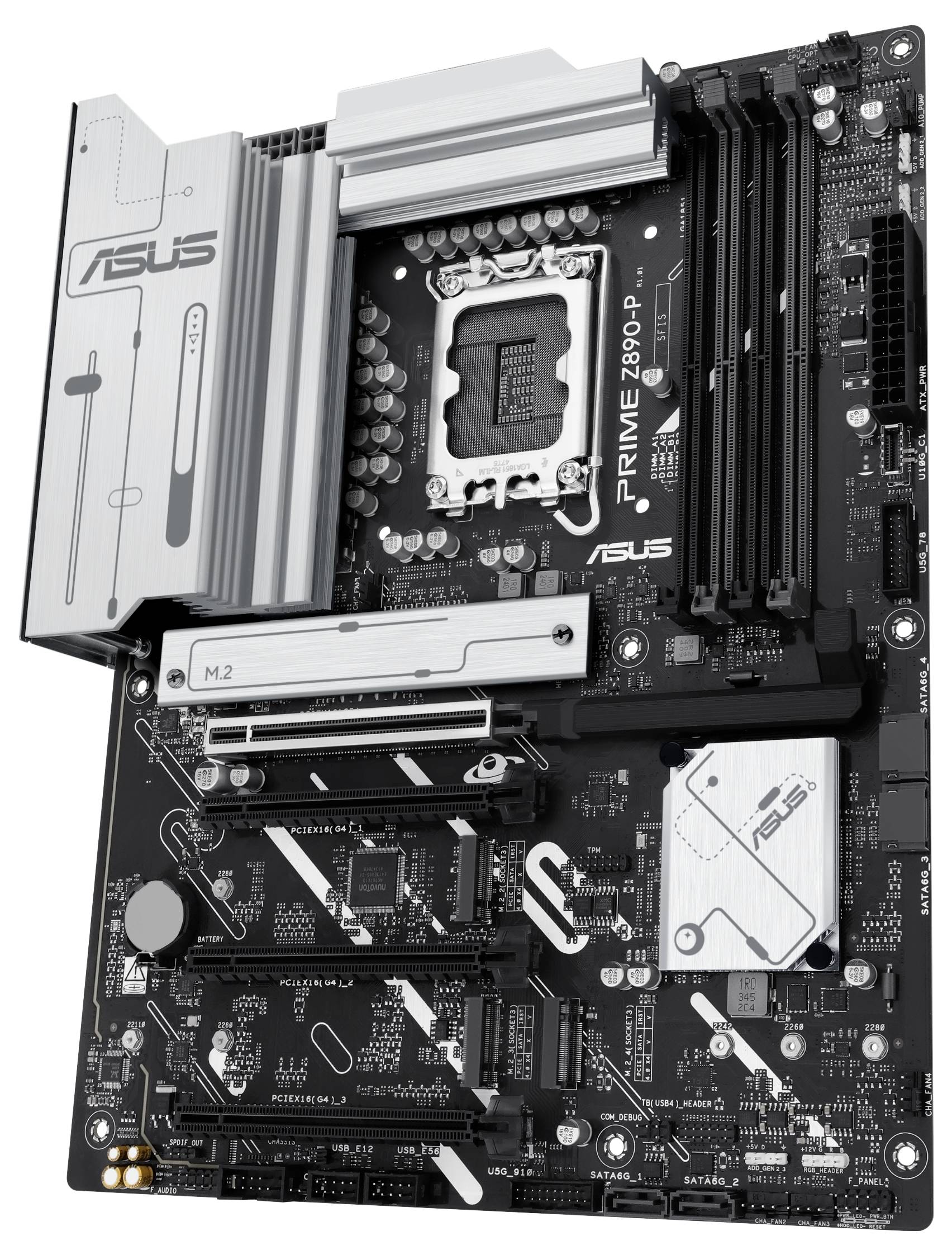 Eine ASUS-Mainboard-Z690-P unterstützt Intel-Prozessoren der 12. Generation. Erkennbar sind RAM-Slots, PCIe und M.2-Slots.