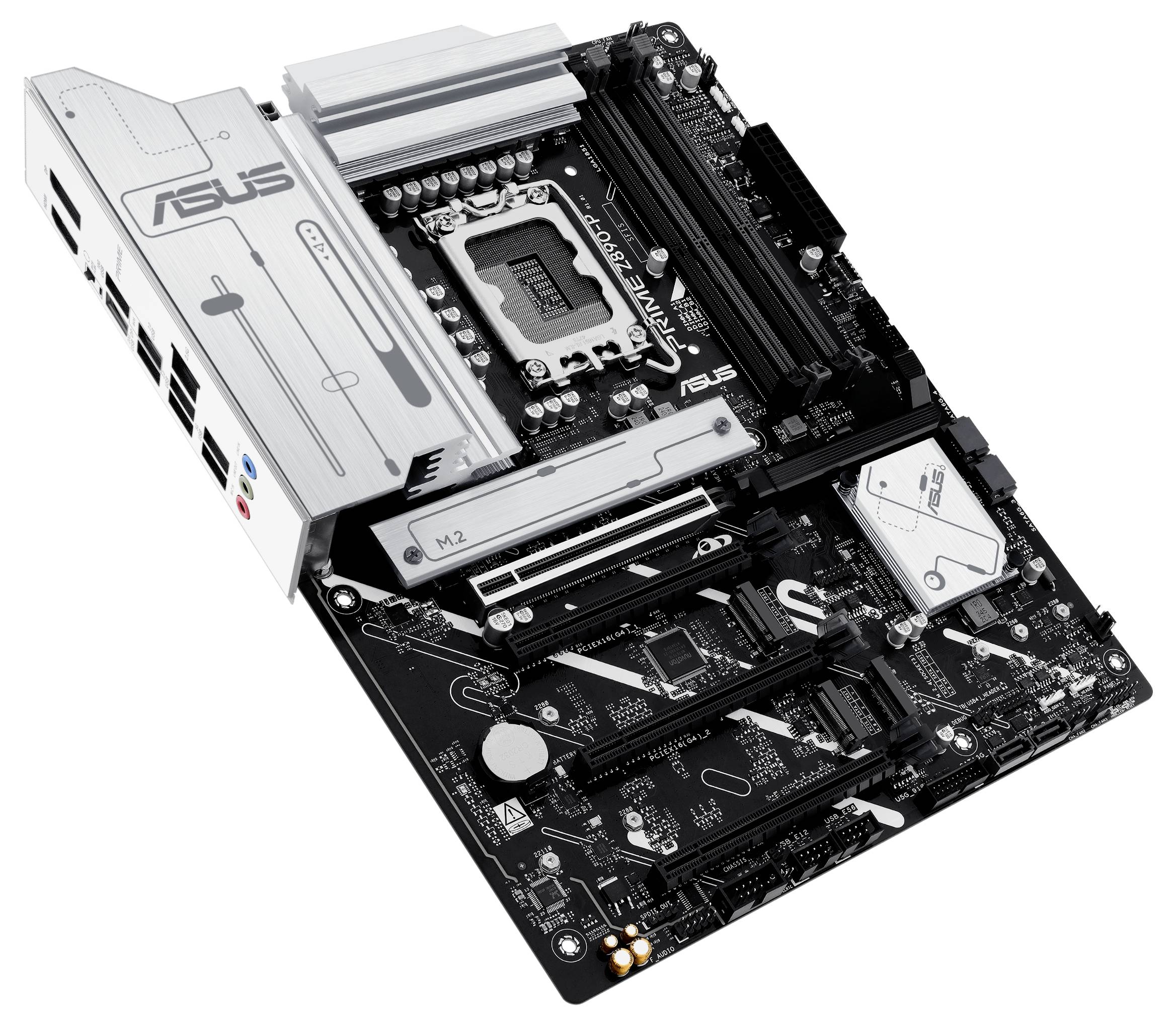 Eine schwarze Computer-Motherboard-Platine mit silbernen Elementen und Anschlüssen. Markenname 'ASUS' ist aufgedruckt.