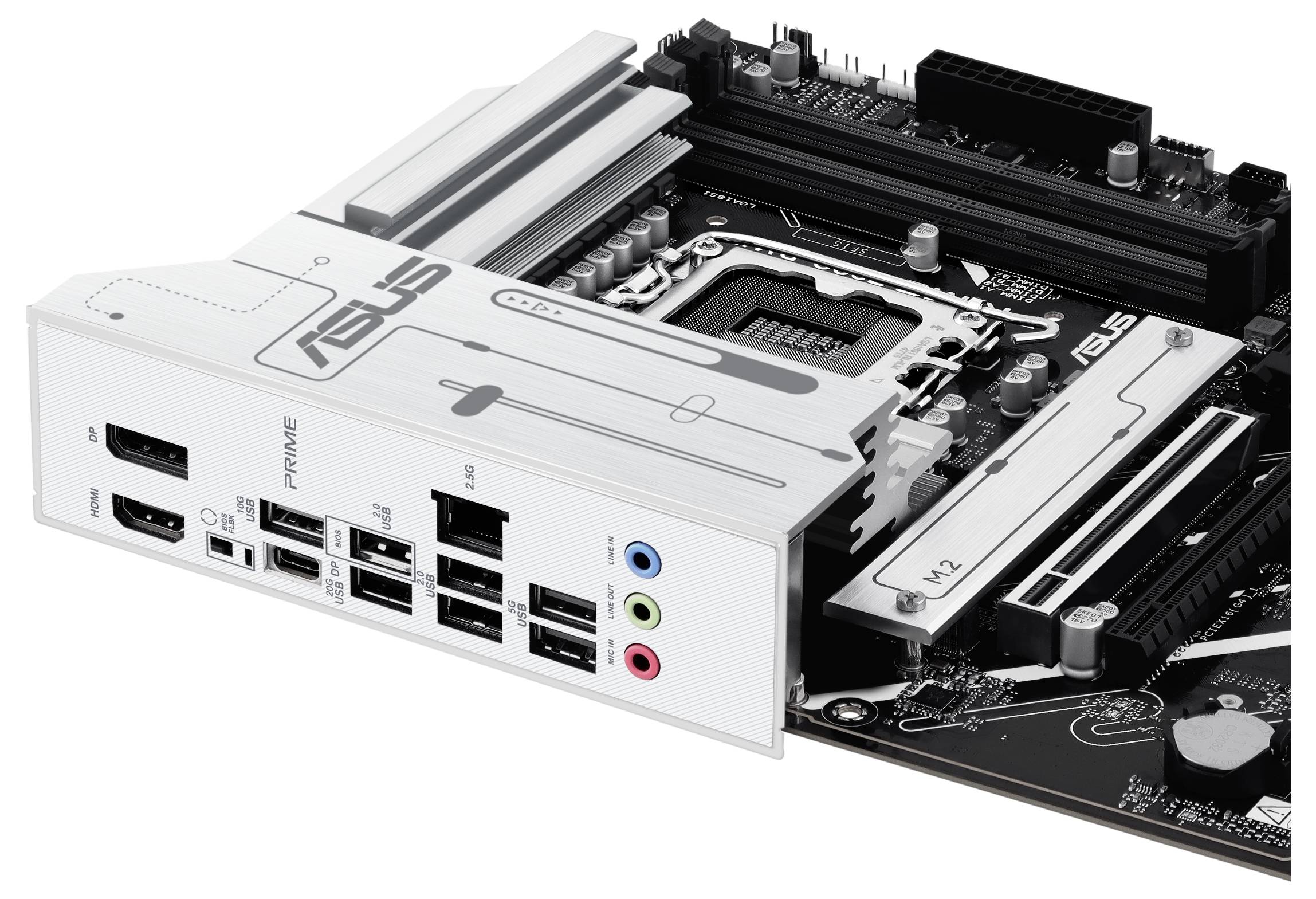 Eine ASUS-Mainboard-Rückseite zeigt diverse Anschlüsse, darunter HDMI, USB, Ethernet und Audio.