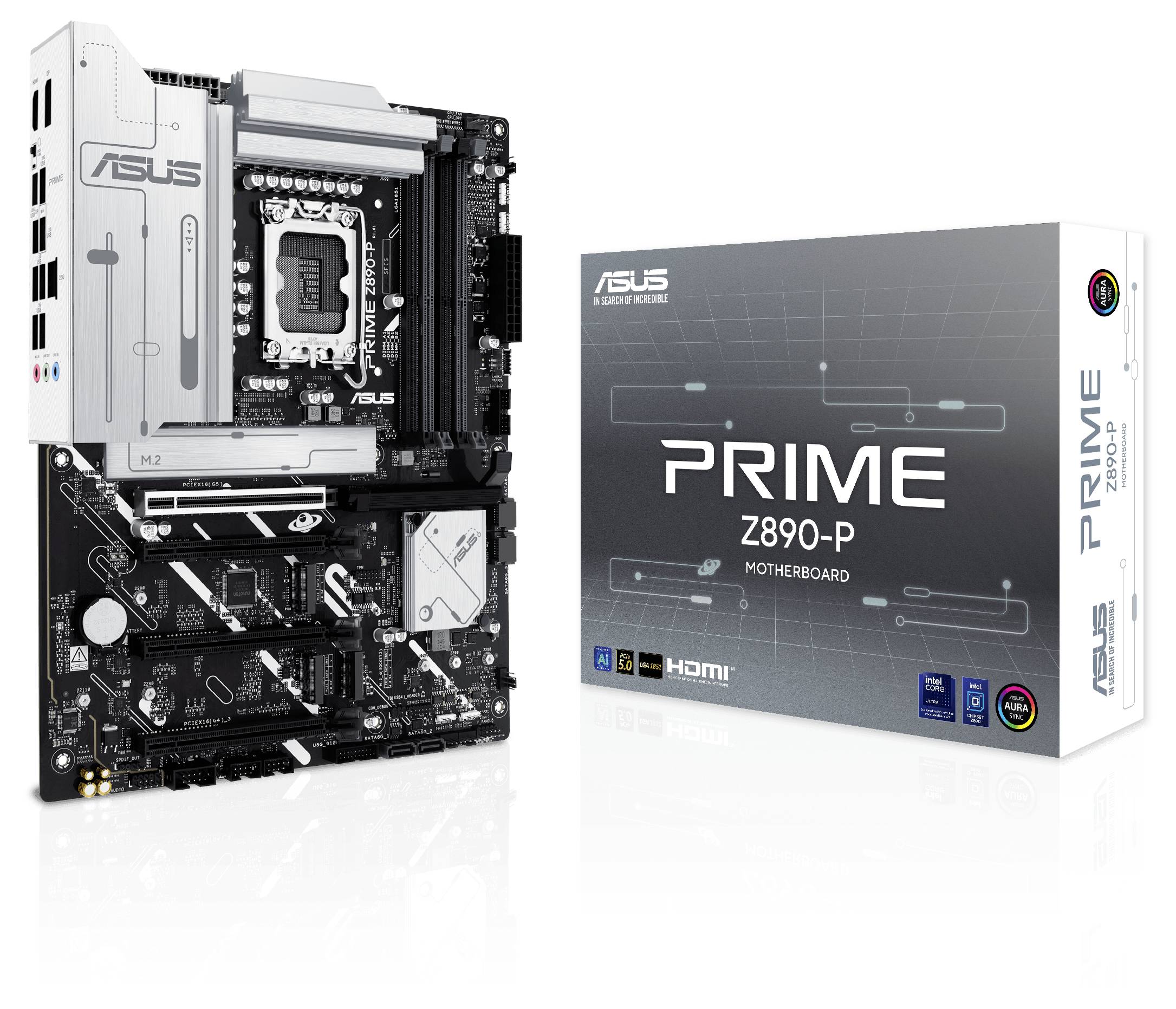 Mainboard 'ASUS Prime Z890-P' steht neben seiner Verpackung. Die Verpackung zeigt das Modell, unterstützt HDMI und PCIe 5.0.