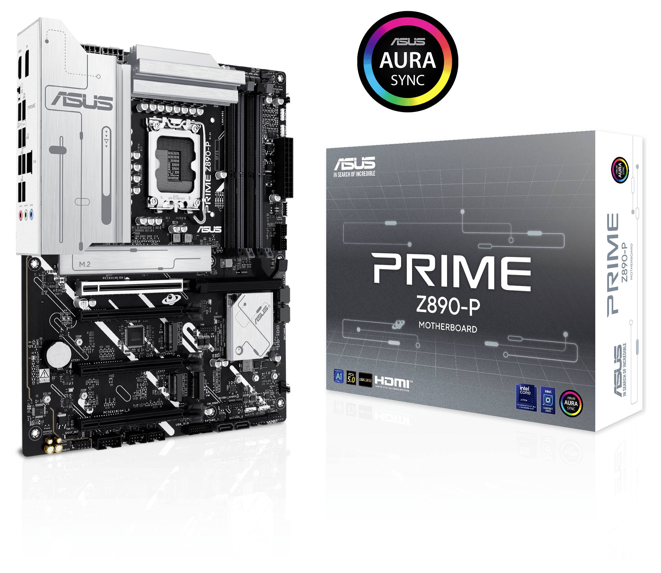 Motherboard ASUS PRIME Z890-P neben Verpackung, zeigt Anschlüsse und Design. 'AURA Sync'-Logo oben, Hinzufügung von Lichteffekten.