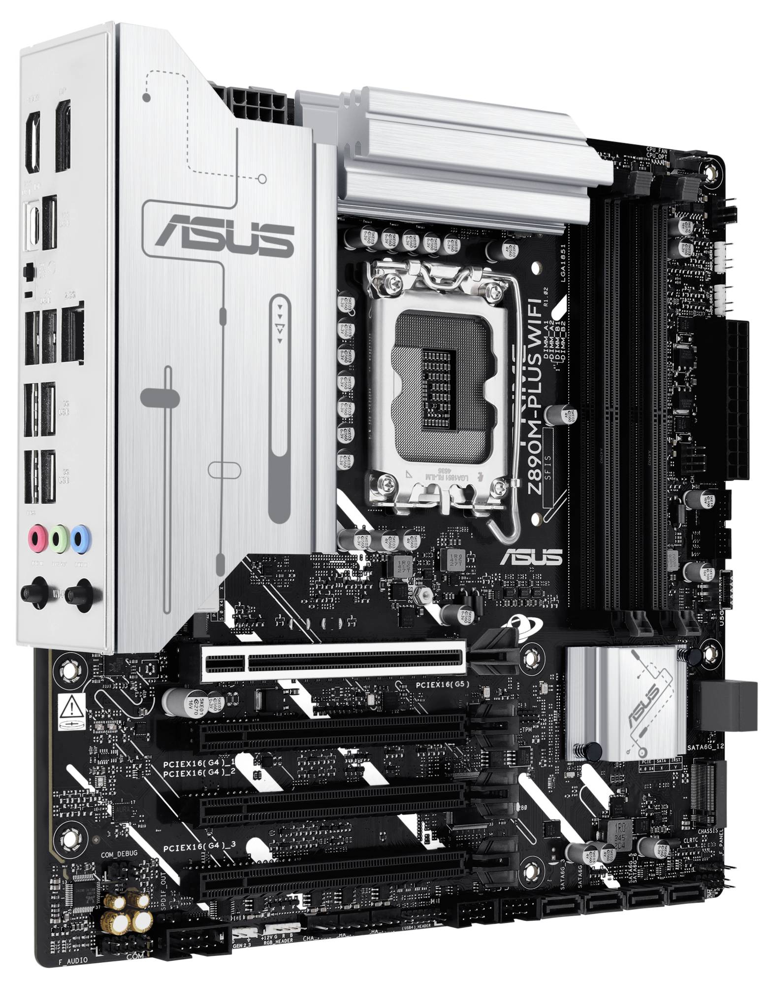 Mainboard ASUS Z690M-PLUS WIFI, Micro-ATX, silbernes Design, mehrere PCIe-Steckplätze, USB- und Audioanschlüsse, WiFi-Unterstützung.