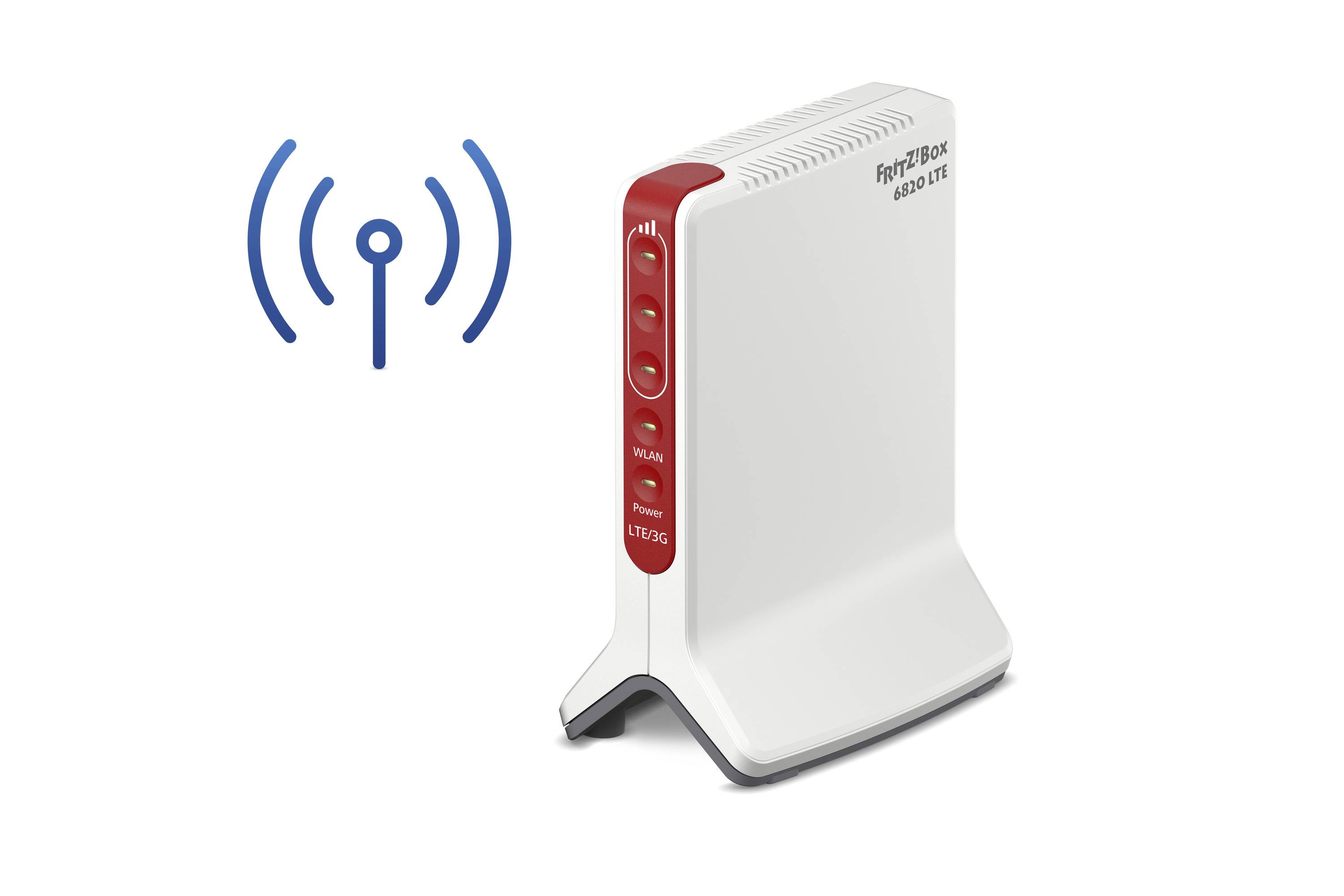 Ein weißer Router mit roten Akzenten steht aufrecht neben einem blauen WLAN-Symbol, das kabellose Konnektivität darstellt.
