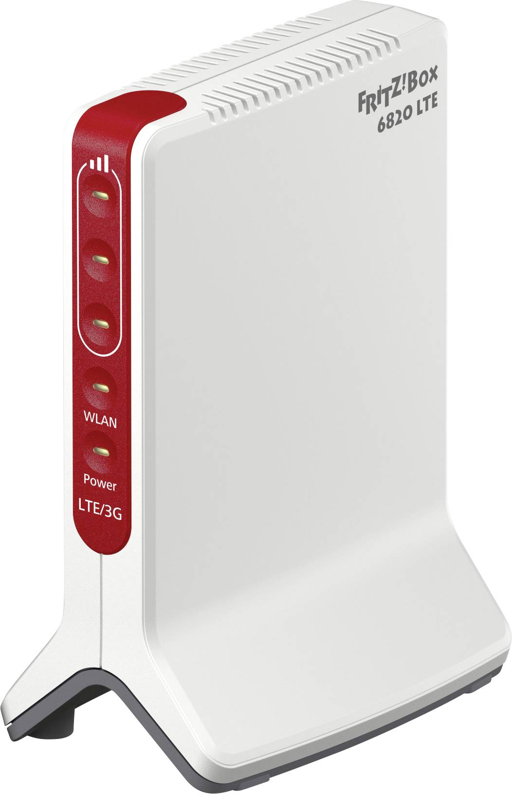 Ein weißer WLAN-Router mit rotem Streifen an der Seite, Modellname 'Fritz!Box 6820 LTE'. Zeigt WLAN- und Power-LEDs.