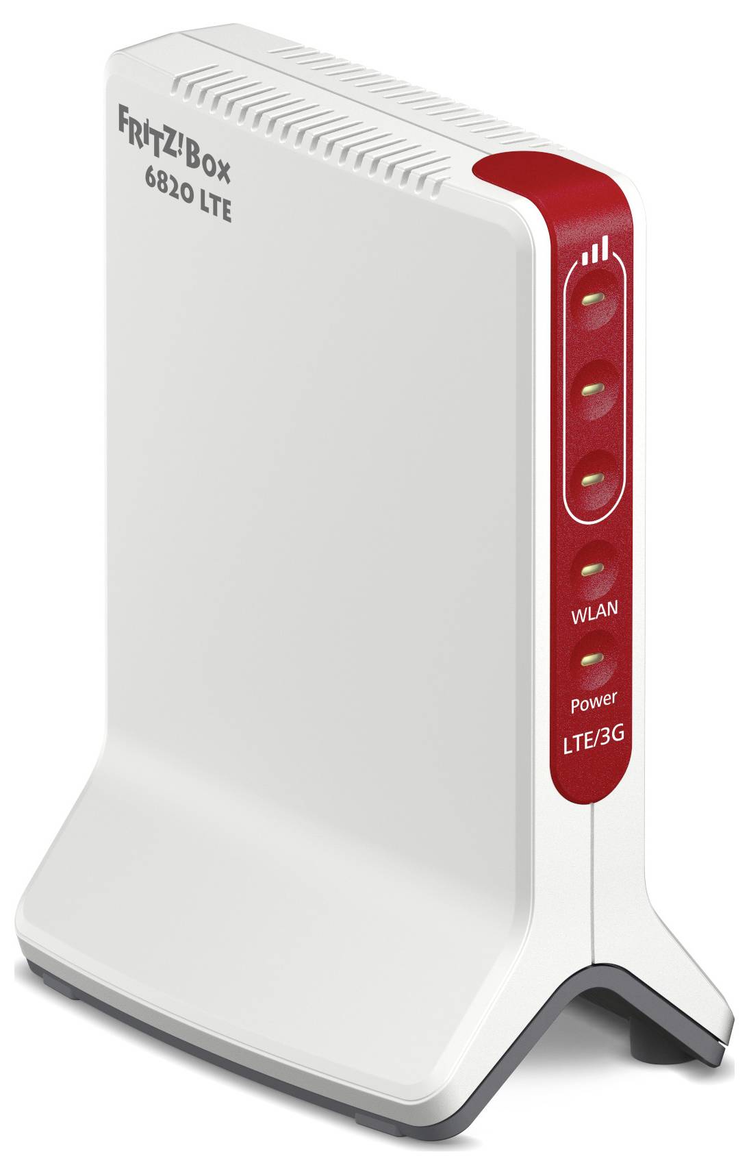 AVM FRITZ!Box 6820 LTE, ein weiß-roter Router mit vertikaler Ausrichtung. Vorderseite zeigt LED-Anzeigen für WLAN und Power.