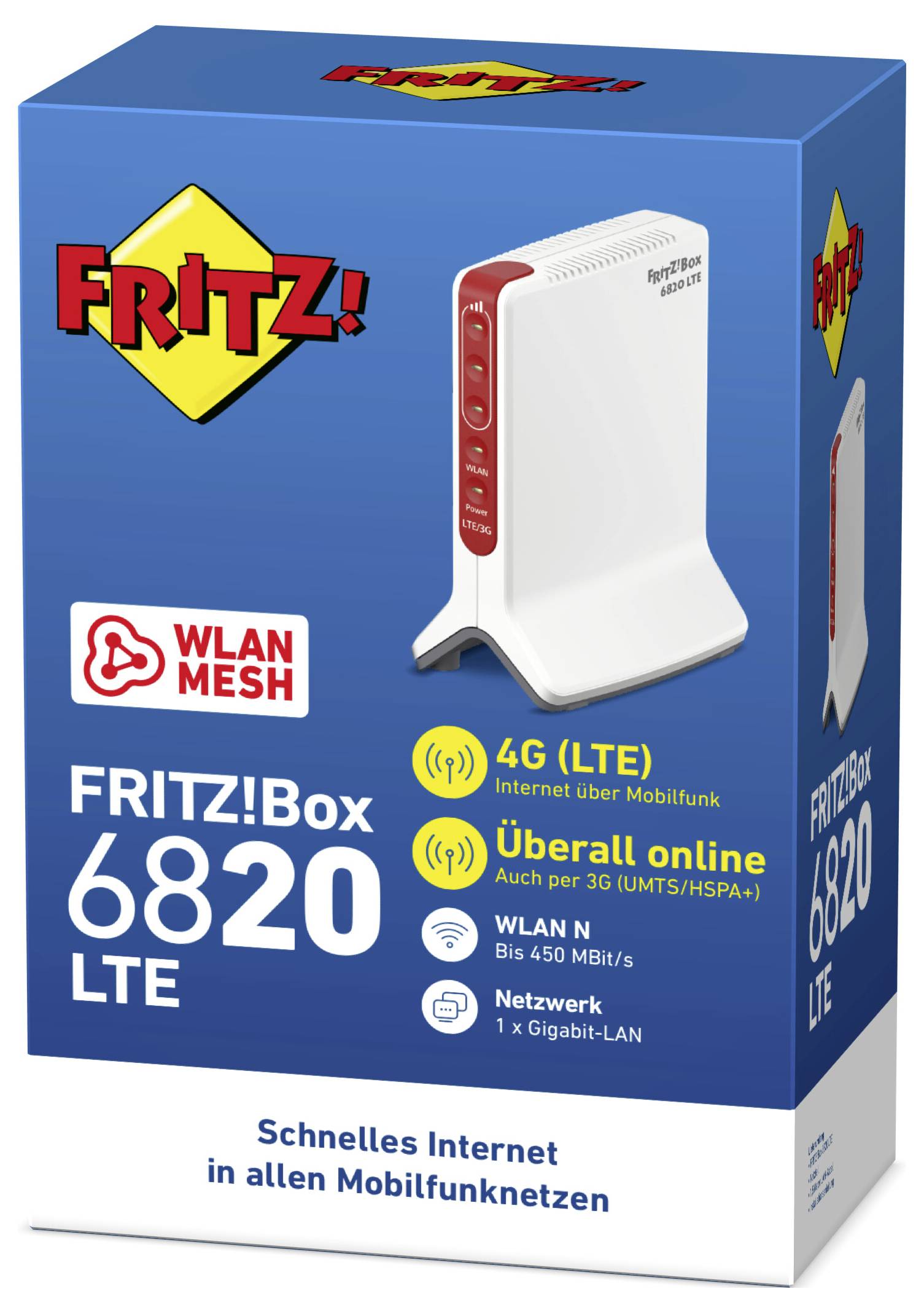 FRITZ!Box 6820 LTE, 4G-LTE-Router, WLAN, 450 Mbit/s, mobiles Internet, auf Verpackung abgebildet.