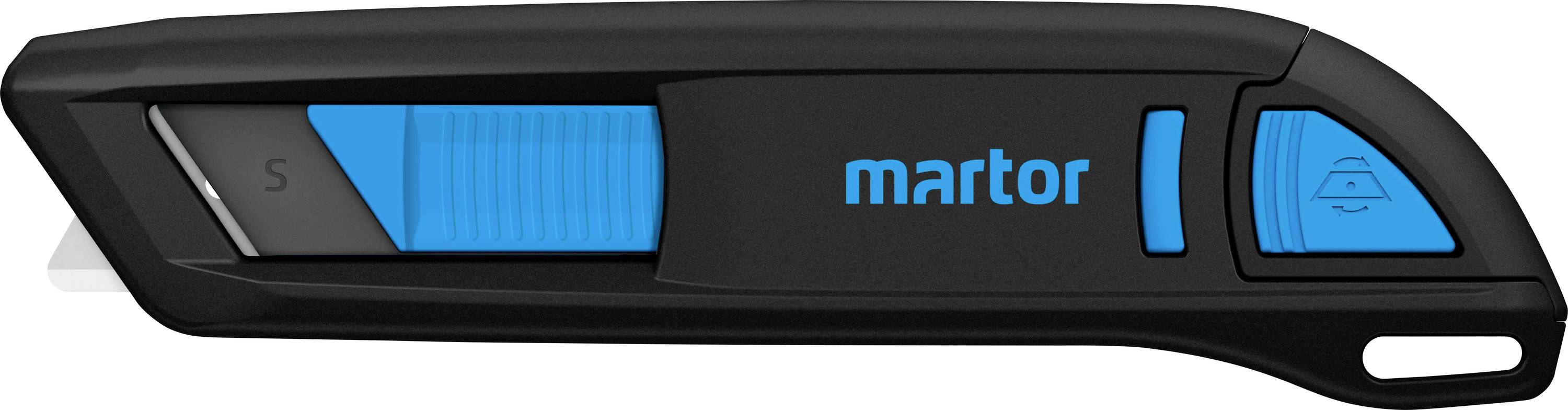 Schwarzer Sicherheitscutter mit blauen Akzenten. Schieberegler zur Klingensteuerung; geeignet für sichere Schneidarbeiten.