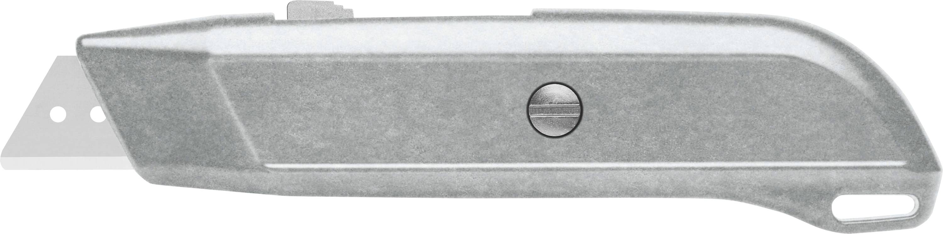 Ein silbernes Universalmesser mit abnehmbarem Klingenfach, seitliche Schraube zur Klingenbefestigung, sichtbar ist auch eine Ersatzklinge.