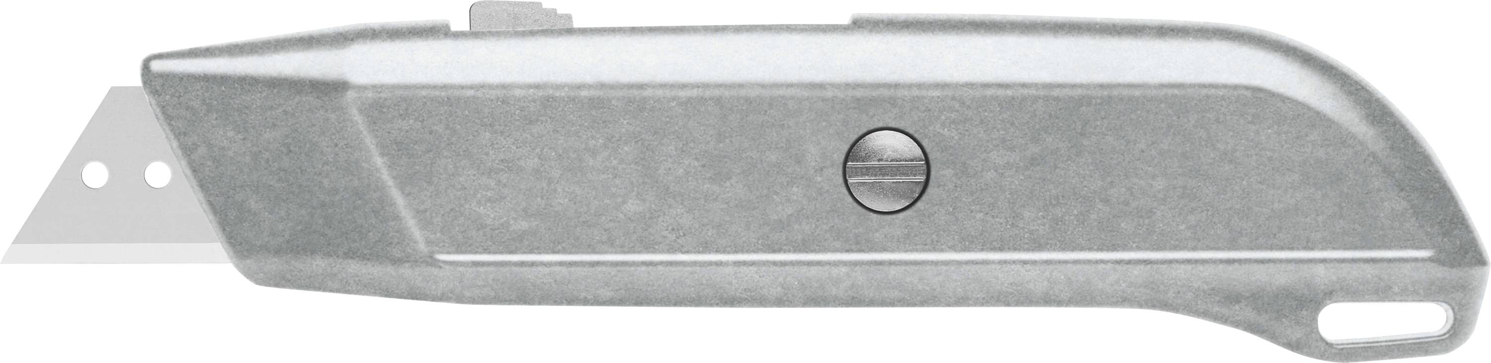 Silberner Universalmesser mit auswechselbarer Klinge, seitliche Ansicht.