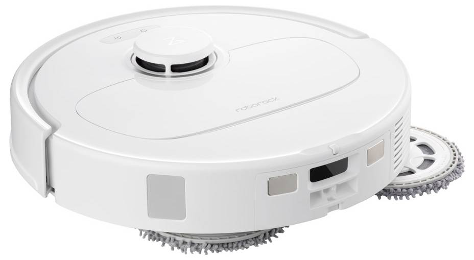 Ein weißer, runder Saugroboter auf einem weißen Hintergrund. Der Roboter hat Sensoren und ist mit rotierenden Bürsten ausgestattet.