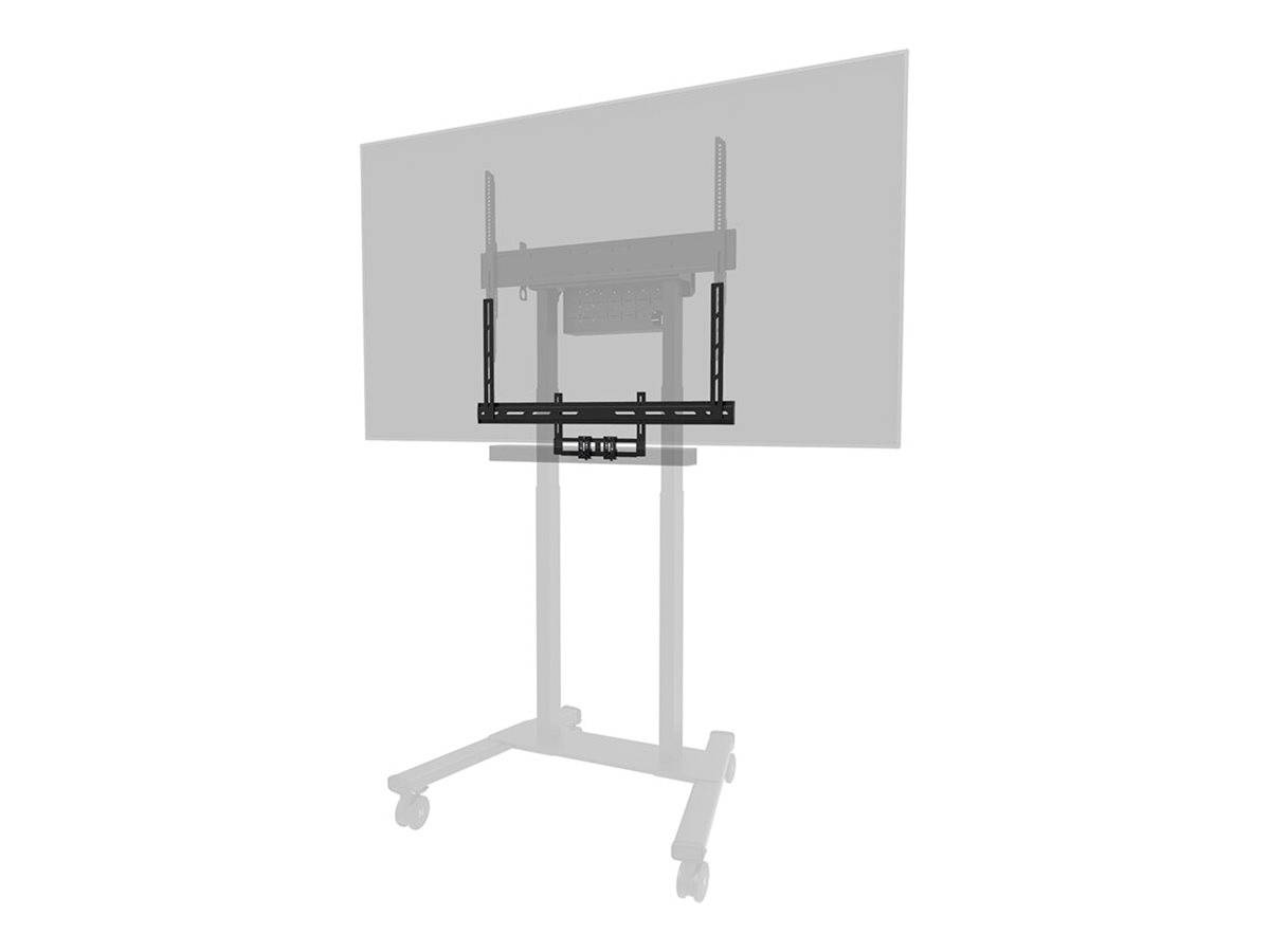 Ein Televisionsständer mit Rädern und verstellbarer TV-Halterung, geeignet für den flexiblen Einsatz in Büros oder Konferenzräumen.