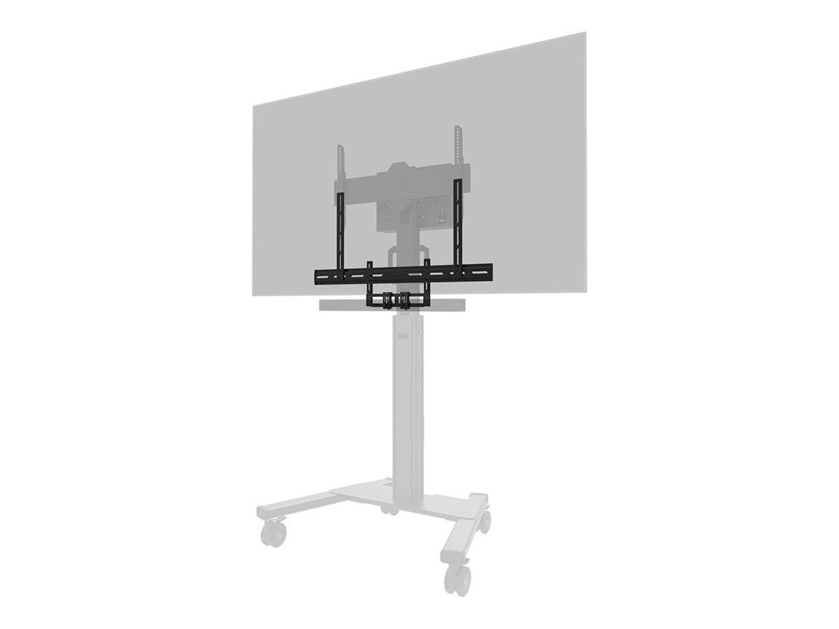 Rollbarer TV-Ständer mit Halterung. Geeignet für große Bildschirme. Enthält Rollen für einfache Mobilität.