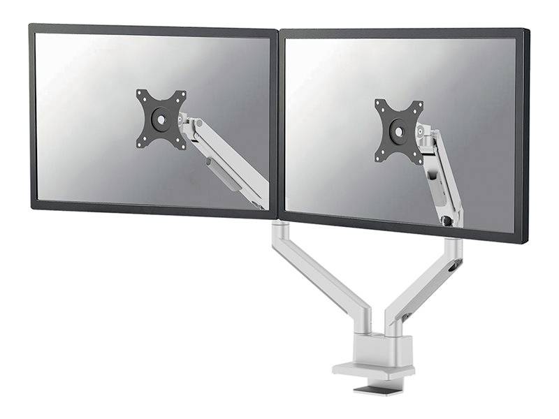 Zwei Monitore auf einem dualen Schwenkarmhalter, montiert auf einem Schreibtisch, zeigen die Rückseite ohne Bildschirminhalte.
