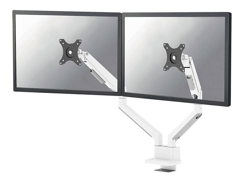 Zwei nebeneinander montierte Monitorhalterungen mit flexiblen Armen auf einem Schreibtisch.