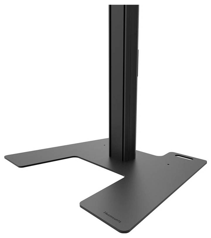 Ein schwarzer, vertikaler Monitorständer mit stabilem, symmetrischem Sockel in L-Form. Geeignet für Büro- oder Heimarbeitsplätze.