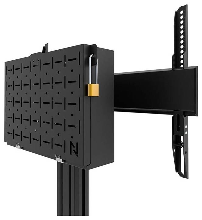 Ein schwarzer Wandhalterungsarm für Monitore, mit einem flexiblen Anschluss zur Anpassung der Bildschirmposition, montiert an einer Halterung.