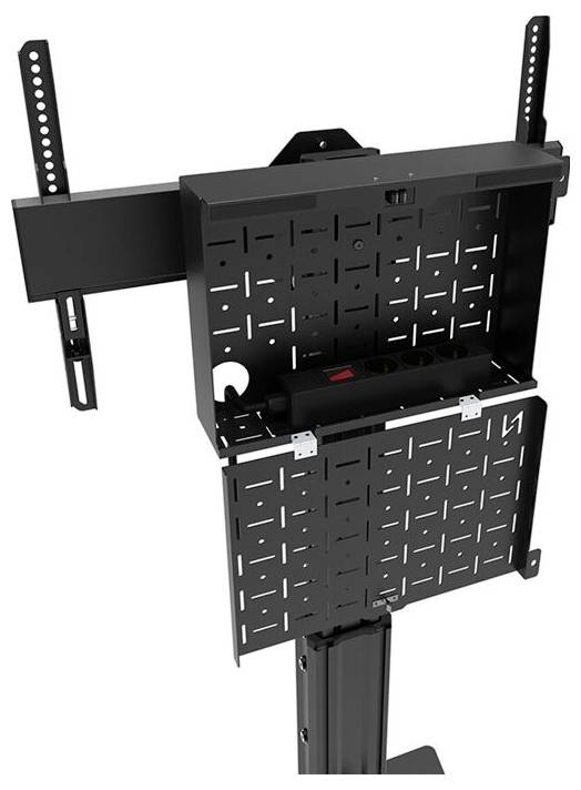 TV-Halterung mit integriertem Kabelmanagement und Steckdosenleiste. Stabiles schwarzes Metallgestell zur Wand- oder Deckenmontage.