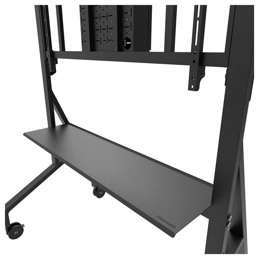 Eine schwarze, mobile Halterung mit Regal, geeignet für Flachbildfernseher oder Monitore. Auf Rollen zum einfachen Bewegen.