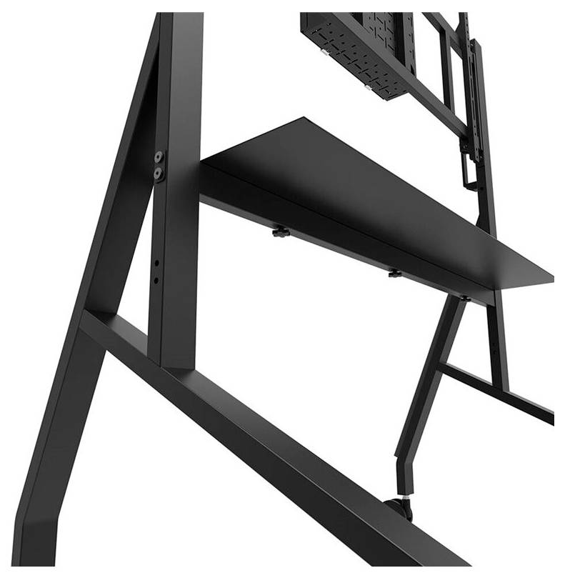 Ein schwarzes Metallregal mit schlichtem, modernem Design. Sichtbar sind Stützstruktur und eine befestigte Ablagefläche.