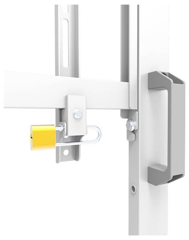 Ein Schiebemechanismus mit einem gelben Vorhängeschloss sichert eine Metallkonstruktion. Rechts ist ein grauer Handgriff sichtbar.