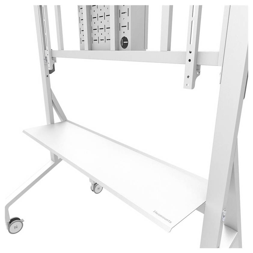 Metallrahmen mit Rollen, verstellbaren Halterungen und einer unteren Ablage für Monitore oder Bildschirme.