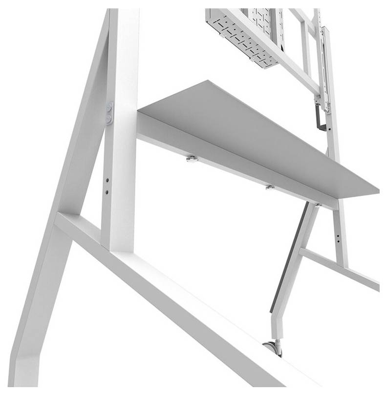 Ein modernes, weißes, architektonisches Regalsystem mit rechteckigen Regalböden und einer stabilen, schrägen Metallstruktur.