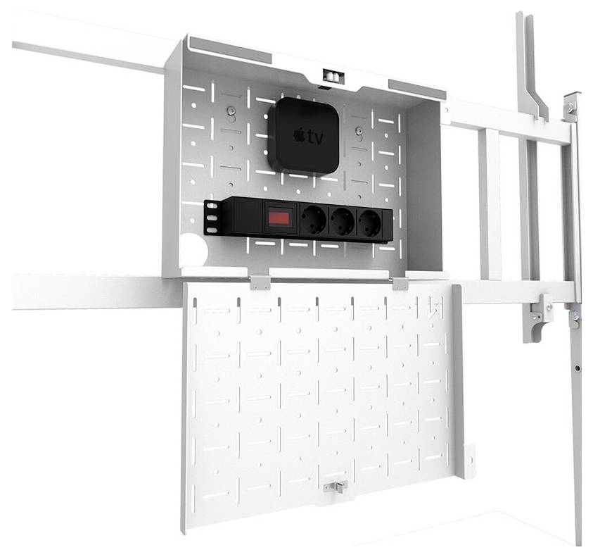 Metallischer Halter zur Wandmontage mit Fächern für Geräte. Enthält eine Apple TV-Box und eine Steckerleiste mit mehreren Anschlüssen.