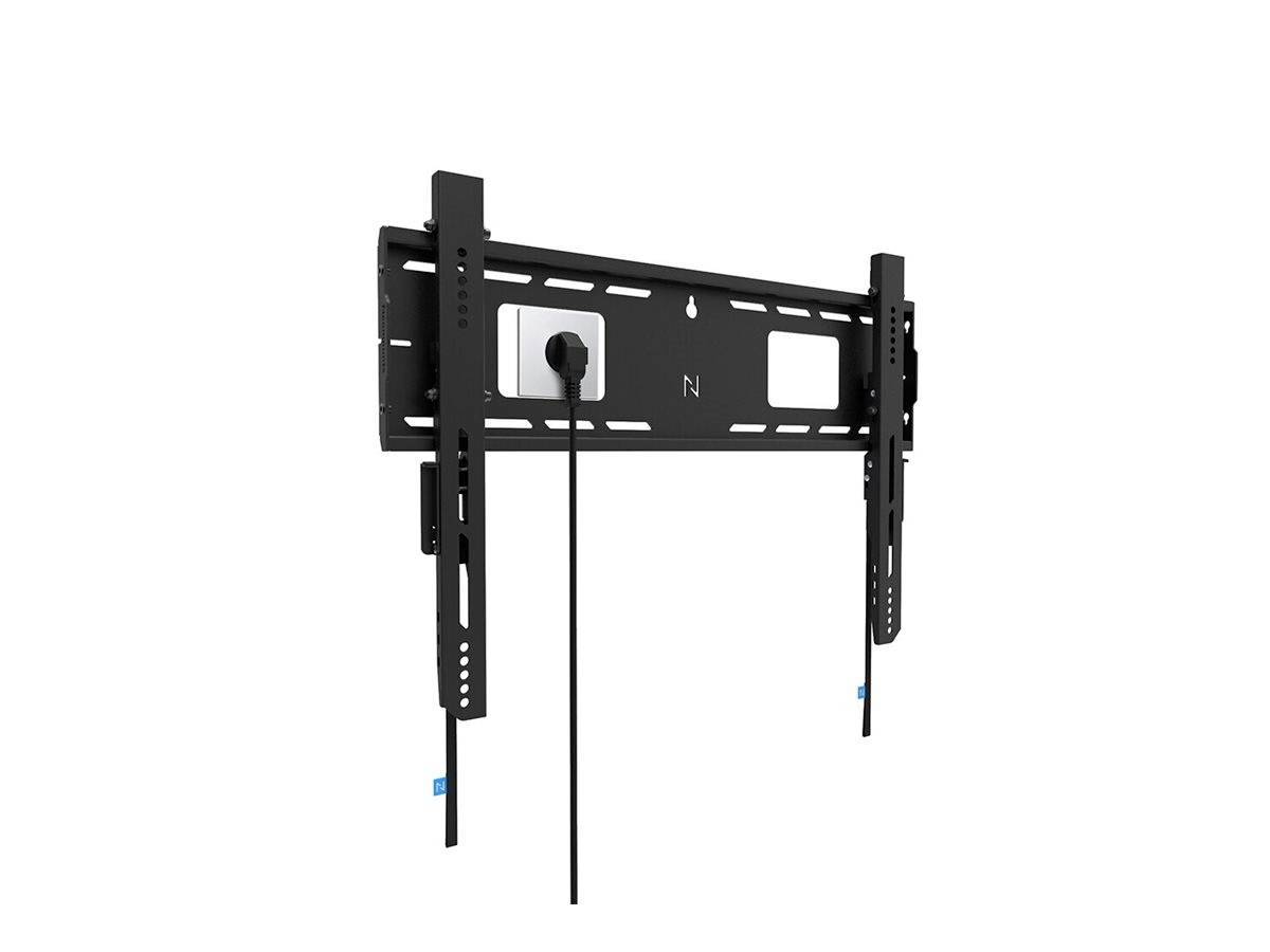 Eine schwarze TV-Wandhalterung mit einem angebrachten Kabel, geeignet für die sichere Befestigung eines Flachbildfernsehers.