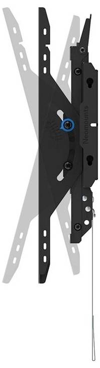 Flacher, schwarzer Wandhalter für Flachbildfernseher, seitlich dargestellt, zeigt Befestigungsarme und Wandmontagemöglichkeiten.